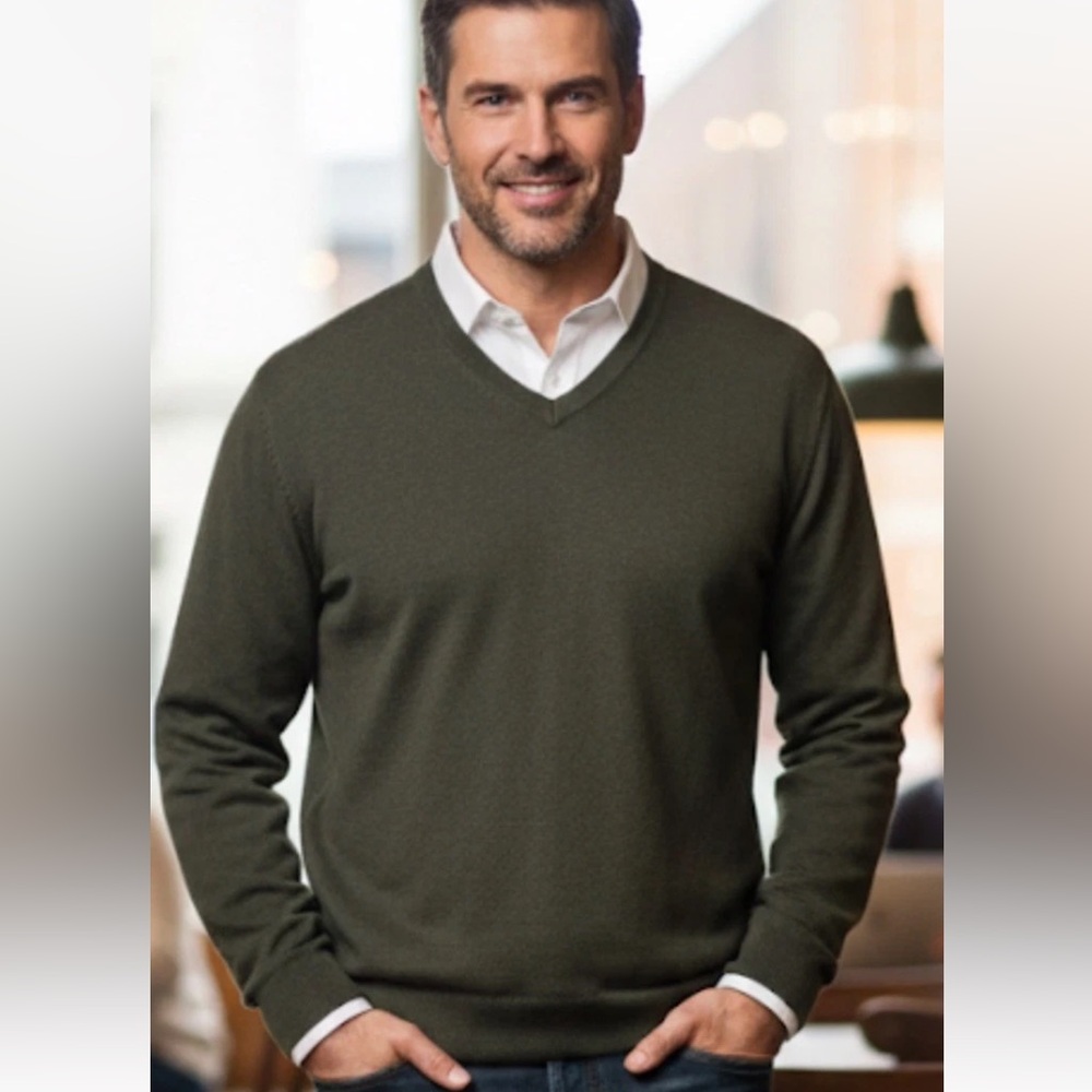 Sebastian Cooper Olive Green V-Neck Cotton Cashmere Blend